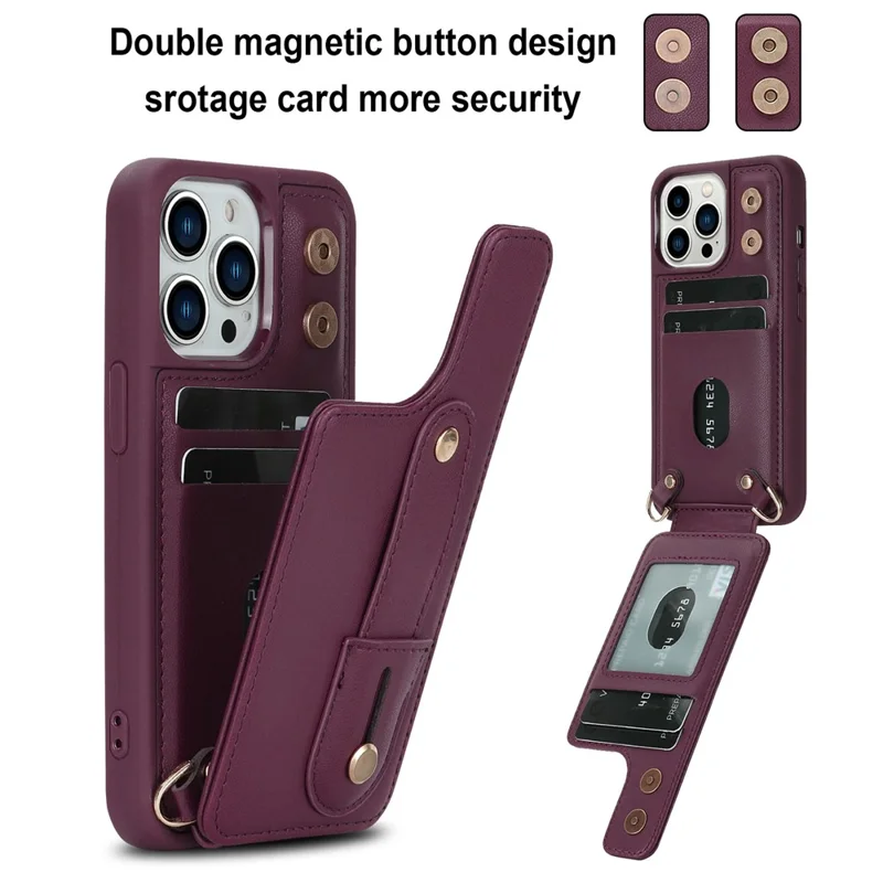 For iPhone 15 Pro Max Card Slots Kickstand Case PU Leather Coated TPU Phone Cover with Shoulder Strap - Wine Red