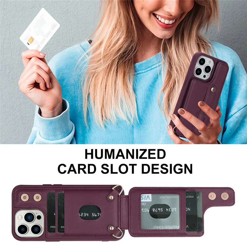 For iPhone 15 Pro Max Card Slots Kickstand Case PU Leather Coated TPU Phone Cover with Shoulder Strap - Wine Red