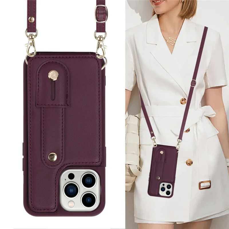 For iPhone 15 Pro Max Card Slots Kickstand Case PU Leather Coated TPU Phone Cover with Shoulder Strap - Wine Red