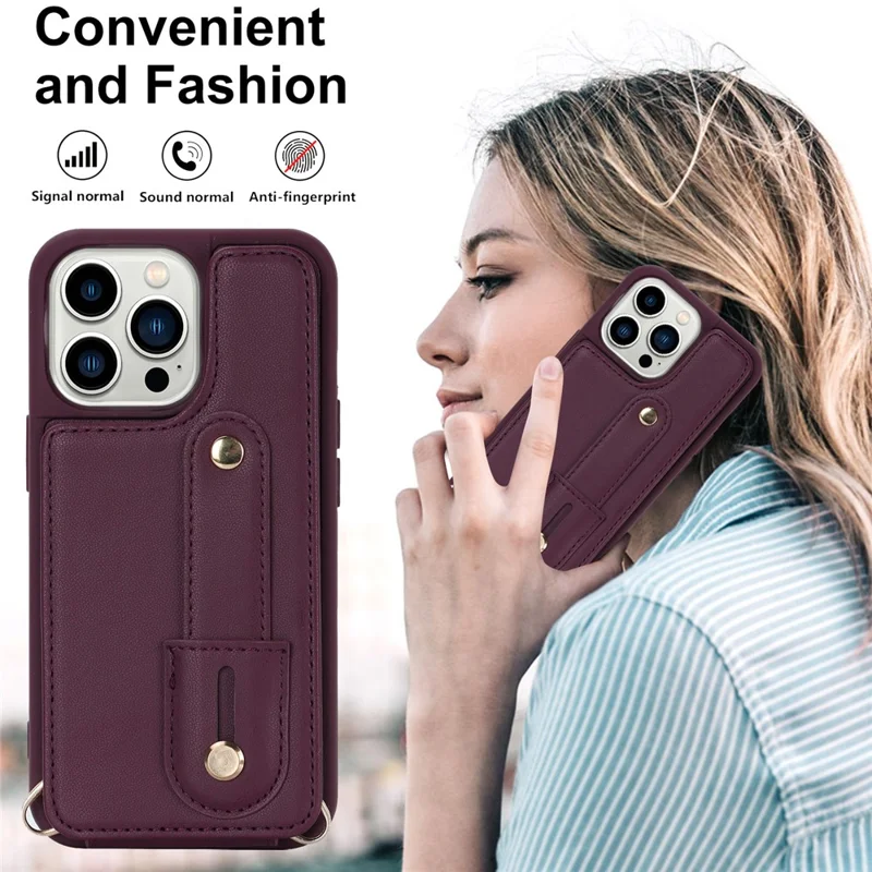 For iPhone 15 Pro Max Card Slots Kickstand Case PU Leather Coated TPU Phone Cover with Shoulder Strap - Wine Red