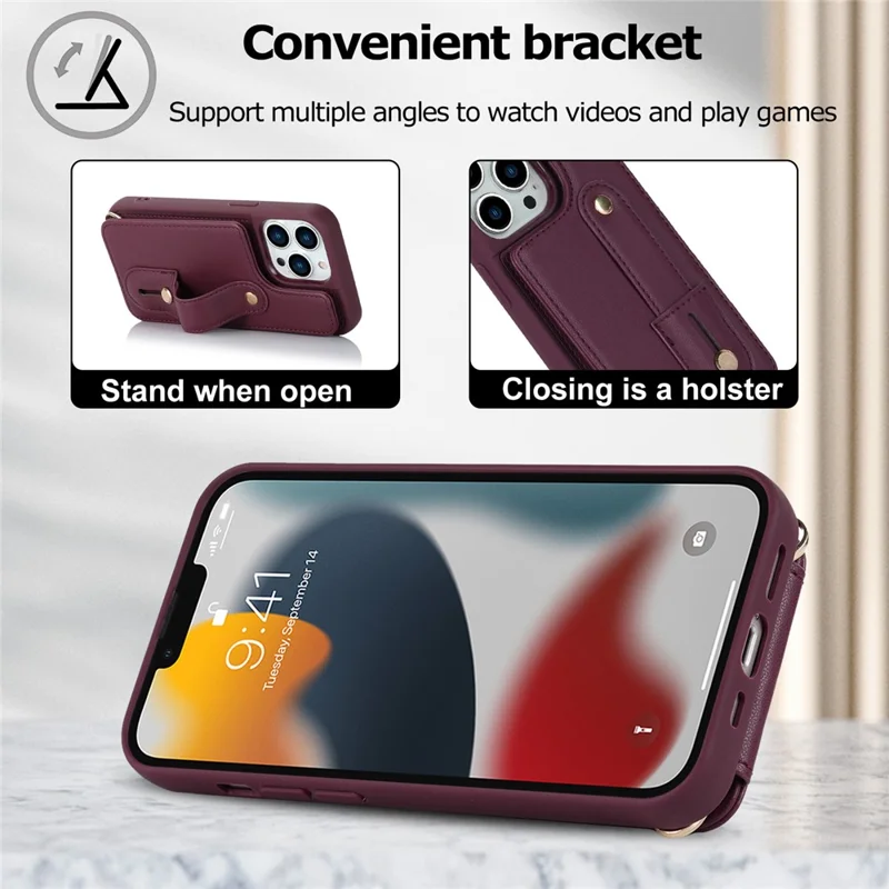 For iPhone 15 Pro Max Card Slots Kickstand Case PU Leather Coated TPU Phone Cover with Shoulder Strap - Wine Red