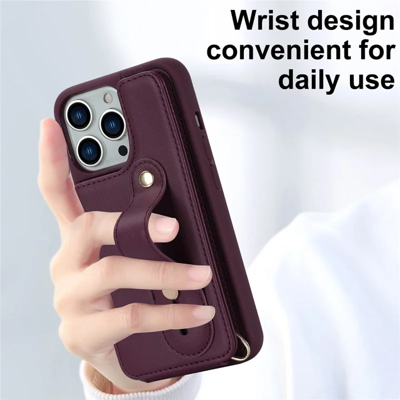 For iPhone 15 Pro Max Card Slots Kickstand Case PU Leather Coated TPU Phone Cover with Shoulder Strap - Wine Red