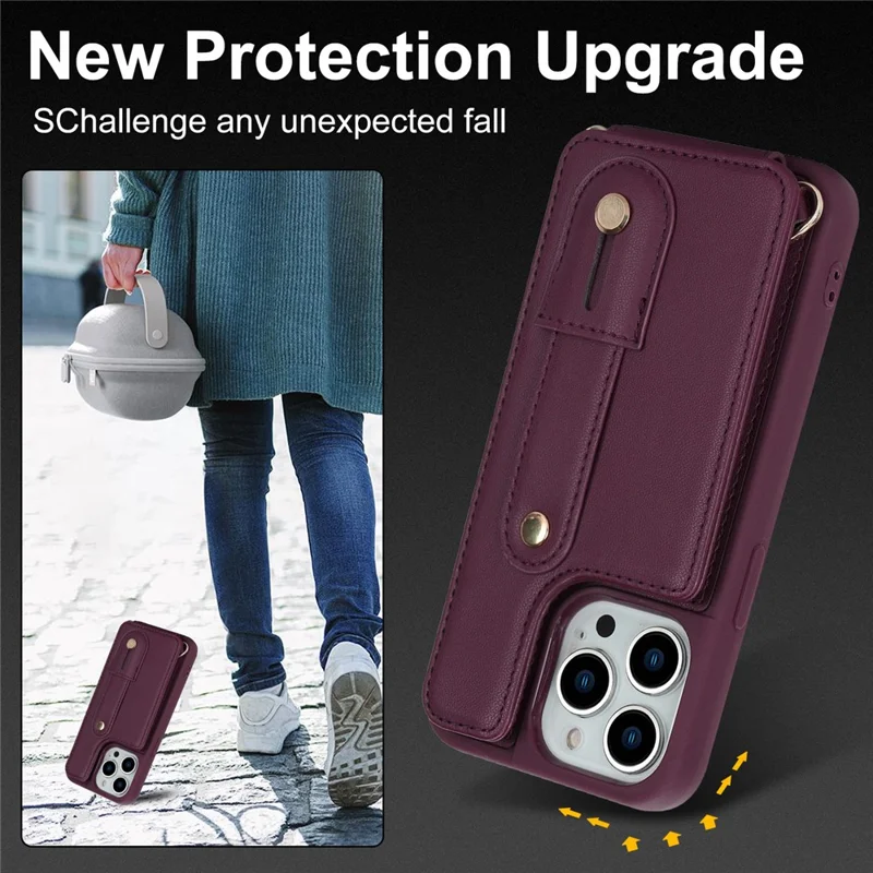 For iPhone 15 Pro Max Card Slots Kickstand Case PU Leather Coated TPU Phone Cover with Shoulder Strap - Wine Red