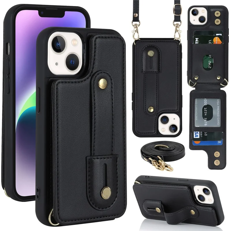 Card Holder Shell for iPhone 15 , Kickstand Case PU Leather Coated TPU Phone Cover with Shoulder Strap - Black