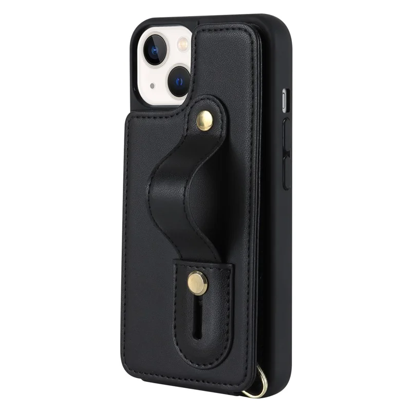 Card Holder Shell for iPhone 15 , Kickstand Case PU Leather Coated TPU Phone Cover with Shoulder Strap - Black