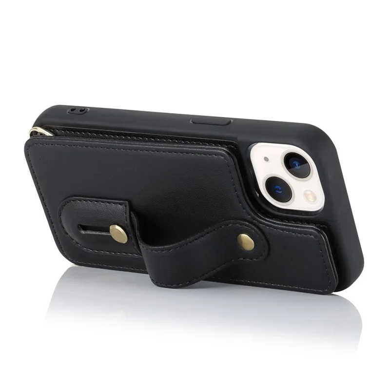 Card Holder Shell for iPhone 15 , Kickstand Case PU Leather Coated TPU Phone Cover with Shoulder Strap - Black