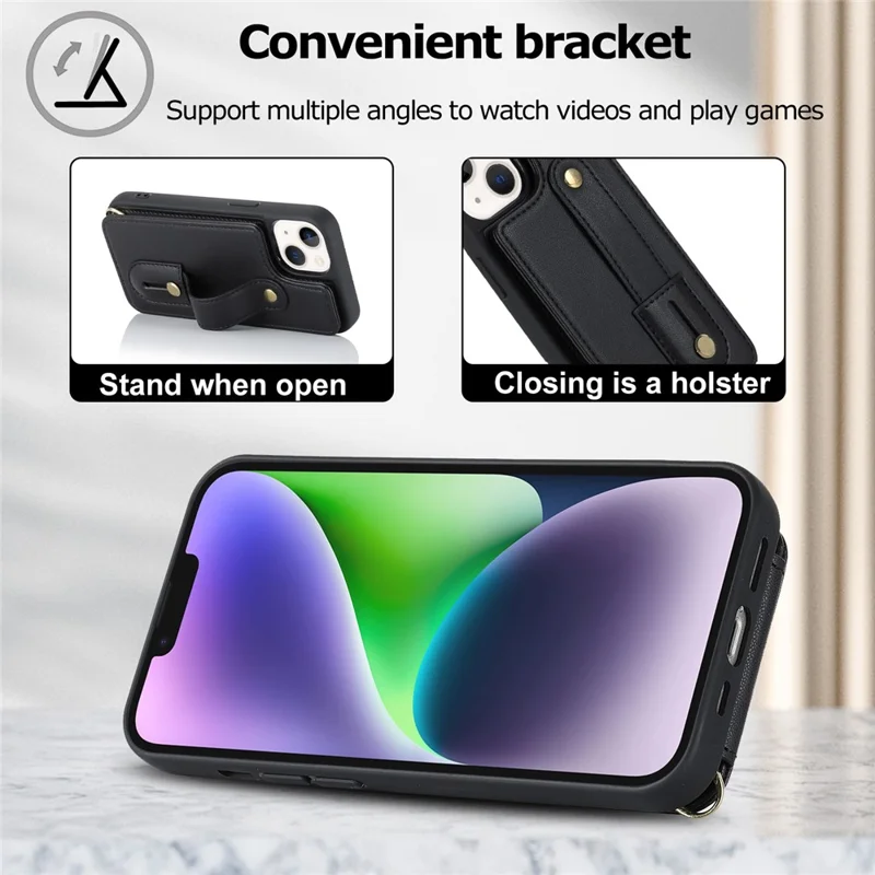 Card Holder Shell for iPhone 15 , Kickstand Case PU Leather Coated TPU Phone Cover with Shoulder Strap - Black