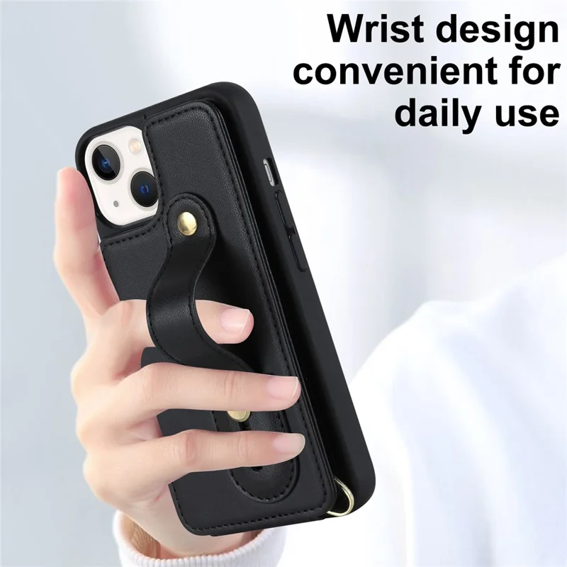 Card Holder Shell for iPhone 15 , Kickstand Case PU Leather Coated TPU Phone Cover with Shoulder Strap - Black