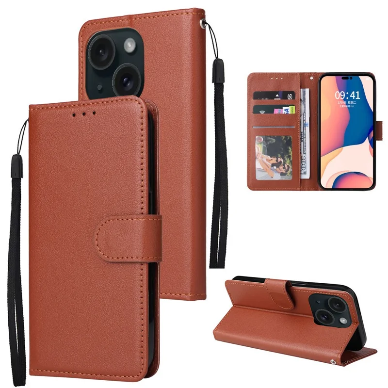 Pour iPhone 15 Fermeture magnétique Flip PU Leather Phone Stand Cover Wallet Cell Phone Case - Brun