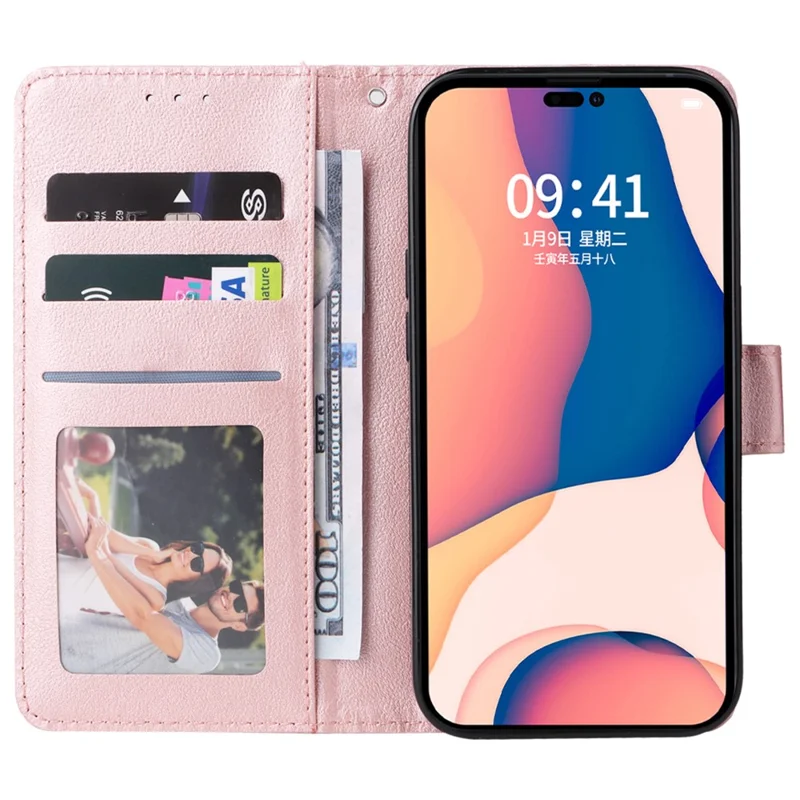 غطاء جلد PU مغناطيسي قابل للطي مع حامل لهاتف iPhone 15 - ذهبي وردي