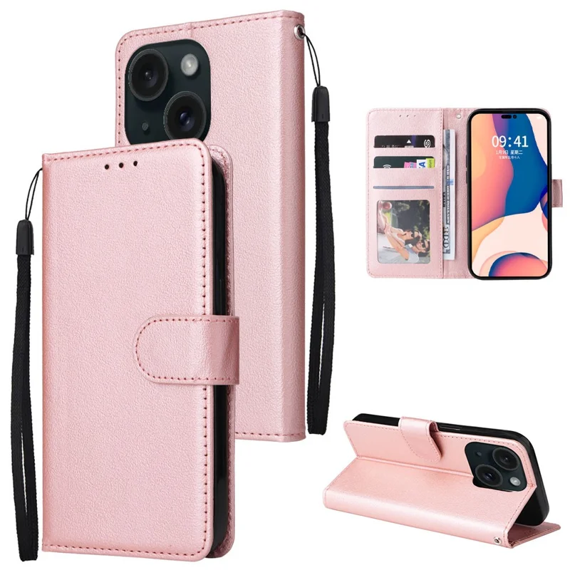 غطاء جلد PU مغناطيسي قابل للطي مع حامل لهاتف iPhone 15 - ذهبي وردي