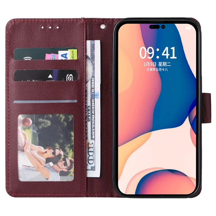 Funda de Teléfono con Tapa, Cartera y Soporte para iPhone 15 Pro Max - Rojo Vino