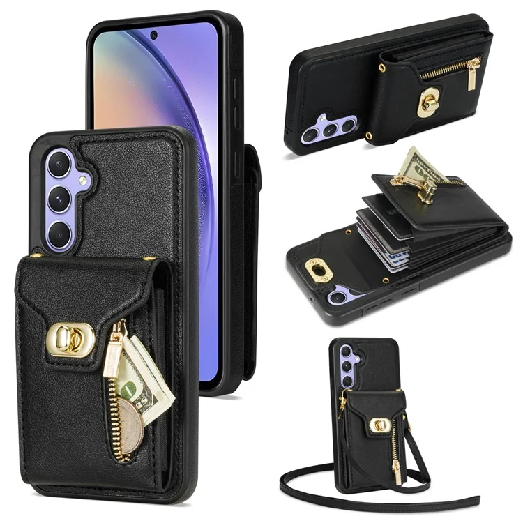Para Samsung Galaxy A54 5G Card Slots Phone Cover Leather + TPU Zipper Pocket Kickstand Case - Preto