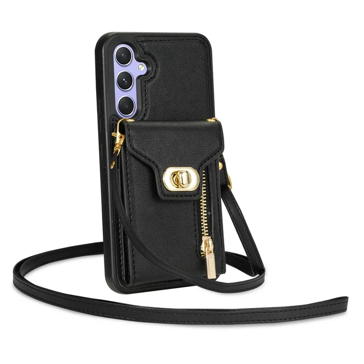 Para Samsung Galaxy A54 5G Card Slots Phone Cover Leather + TPU Zipper Pocket Kickstand Case - Preto