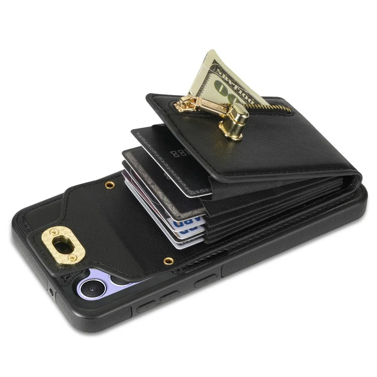 Para Samsung Galaxy A54 5G Card Slots Phone Cover Leather + TPU Zipper Pocket Kickstand Case - Preto