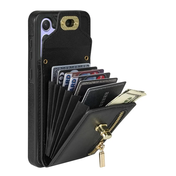 Para Samsung Galaxy A54 5G Card Slots Phone Cover Leather + TPU Zipper Pocket Kickstand Case - Preto