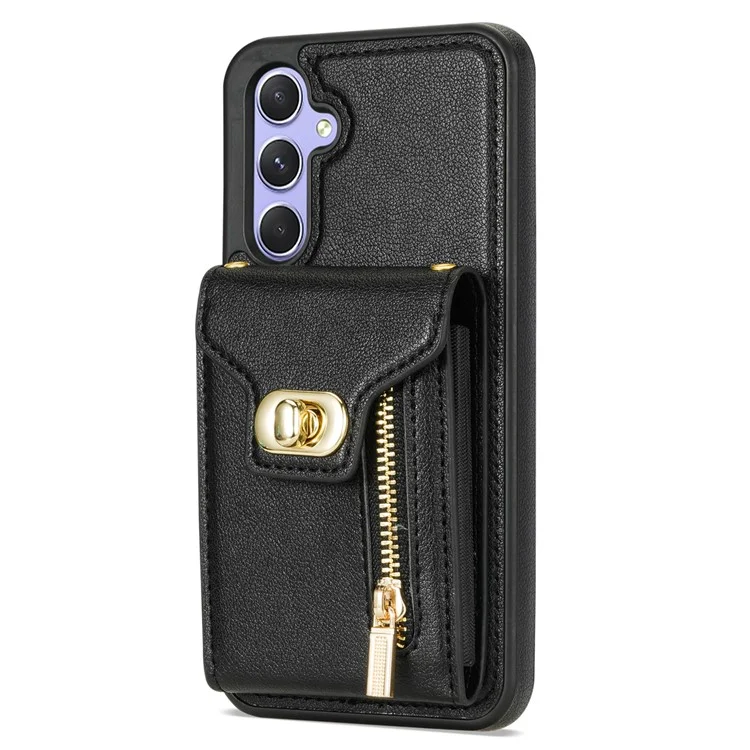 Para Samsung Galaxy A54 5G Card Slots Phone Cover Leather + TPU Zipper Pocket Kickstand Case - Preto