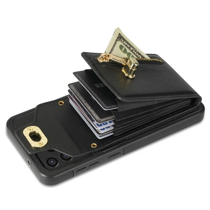 For Samsung Galaxy A53 5G Kickstand Case Leather + TPU Phone Cover with Zipper Pocket Card Slots - Black