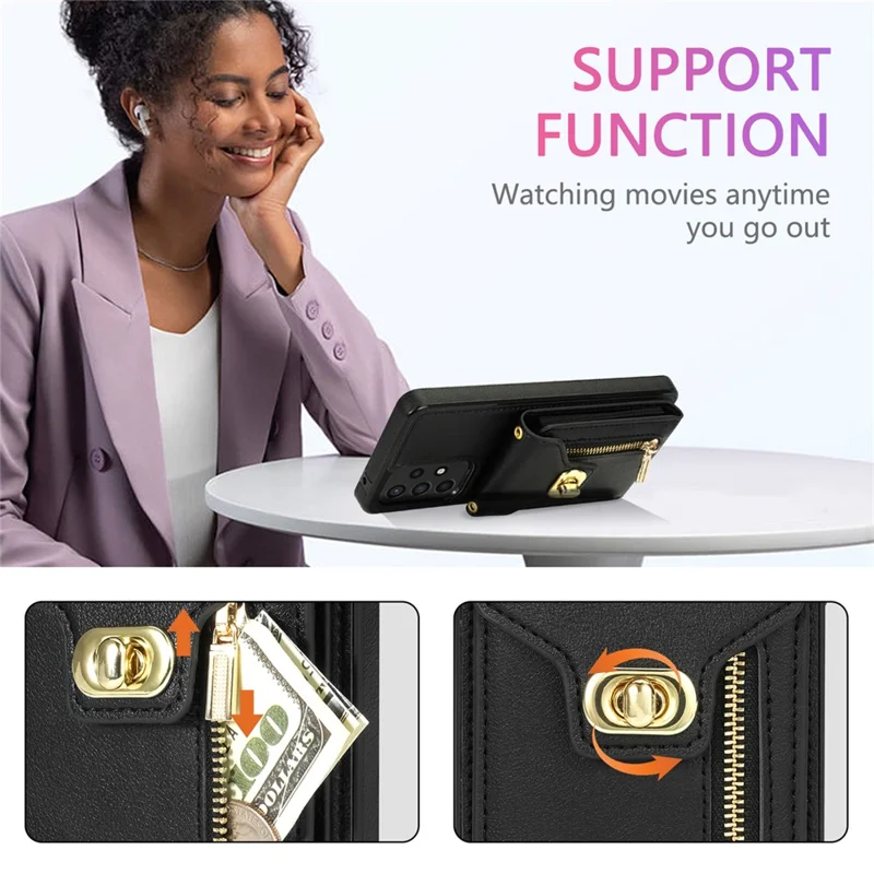 For Samsung Galaxy A53 5G Kickstand Case Leather + TPU Phone Cover with Zipper Pocket Card Slots - Black