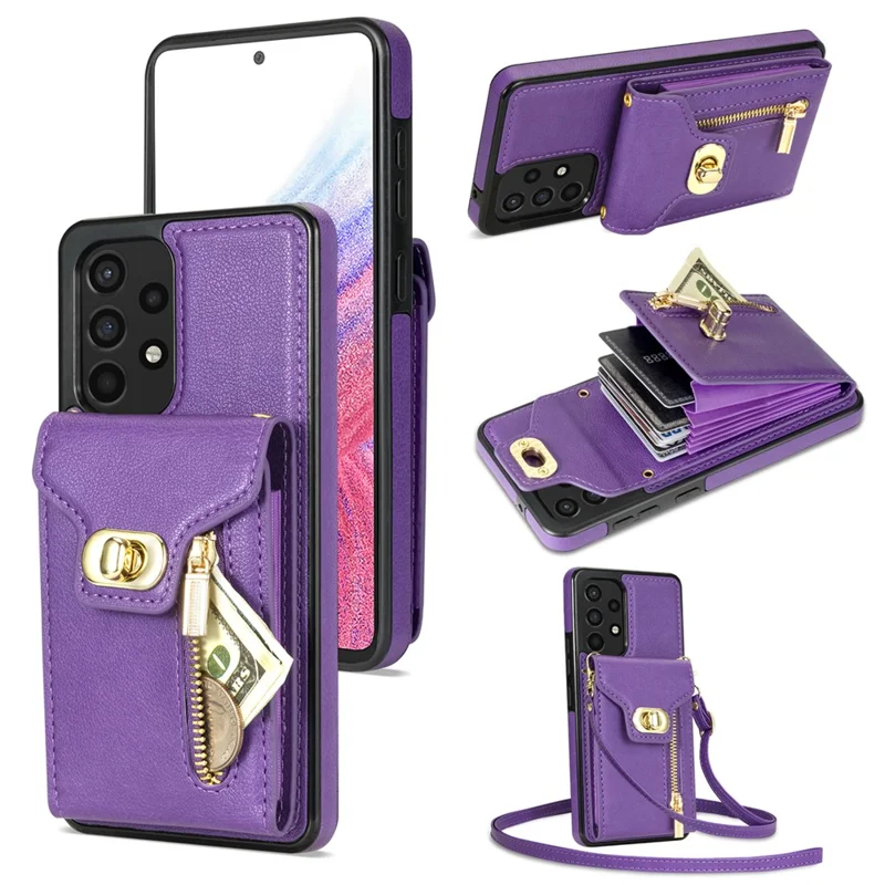 For Samsung Galaxy A53 5G Kickstand Case Leather + TPU Phone Cover with Zipper Pocket Card Slots - Purple