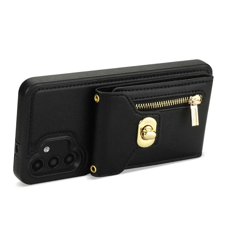 Для Samsung Galaxy A13 5G / 4G Zipper Pocket Card Slots Phone Case Kickstand Leather Coated TPU Cover - Чёрный