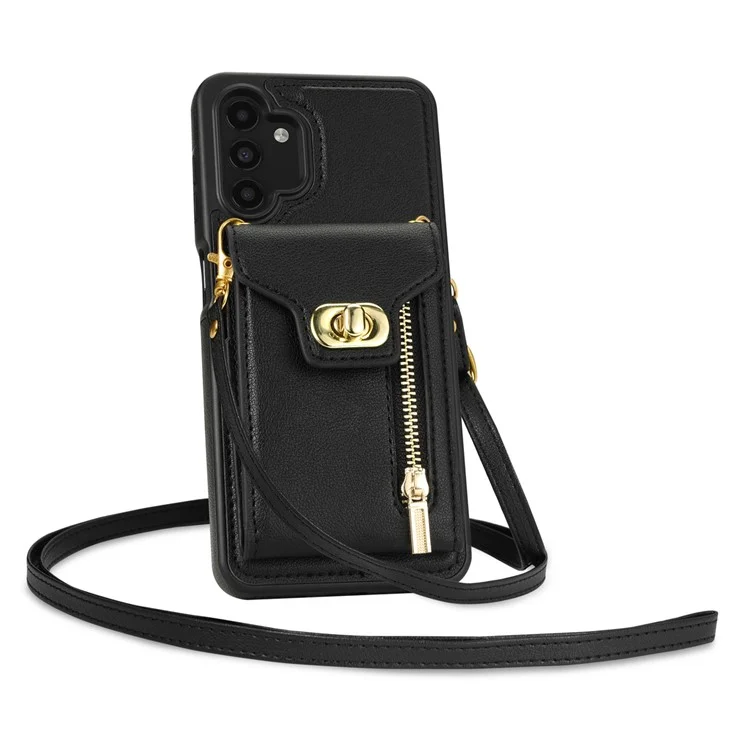 Для Samsung Galaxy A13 5G / 4G Zipper Pocket Card Slots Phone Case Kickstand Leather Coated TPU Cover - Чёрный