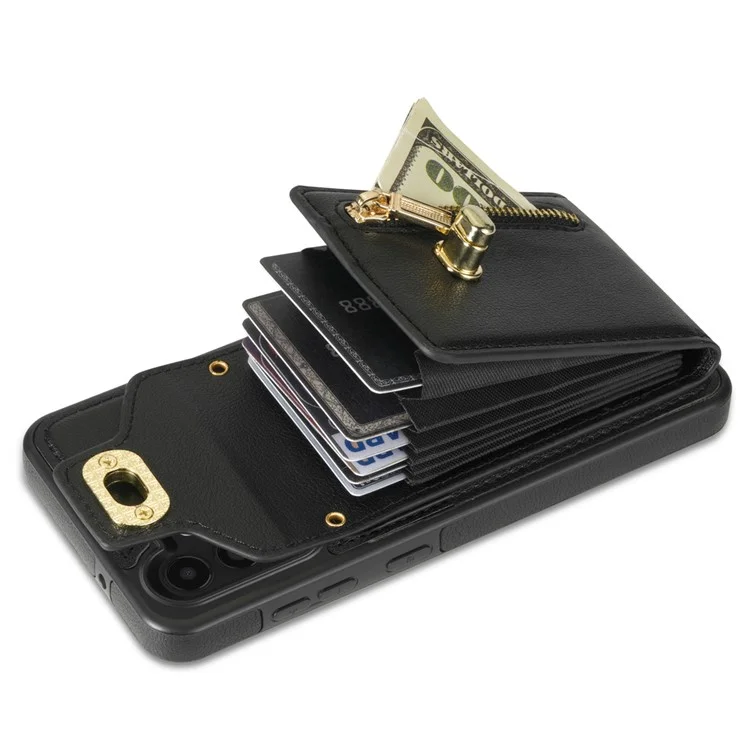 Для Samsung Galaxy A13 5G / 4G Zipper Pocket Card Slots Phone Case Kickstand Leather Coated TPU Cover - Чёрный