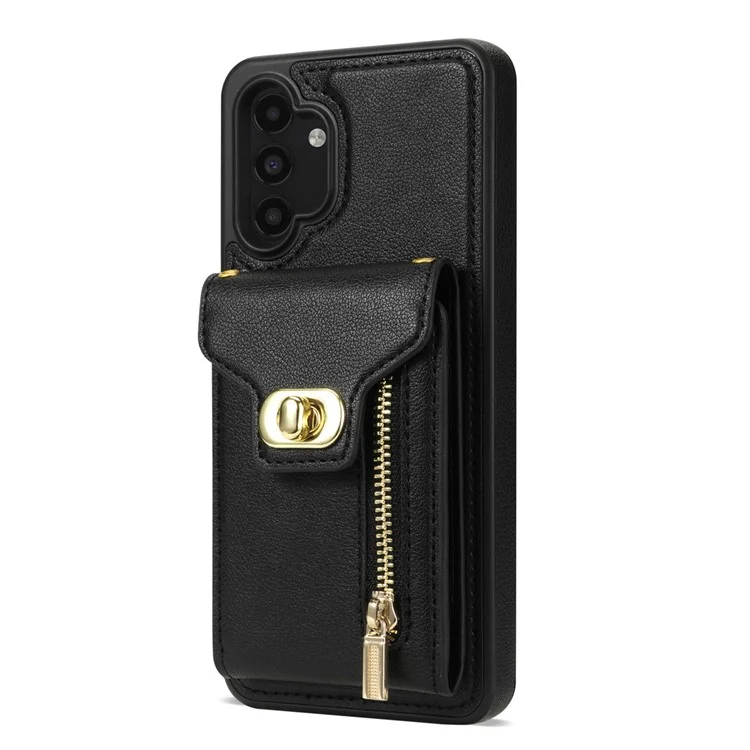 Для Samsung Galaxy A13 5G / 4G Zipper Pocket Card Slots Phone Case Kickstand Leather Coated TPU Cover - Чёрный