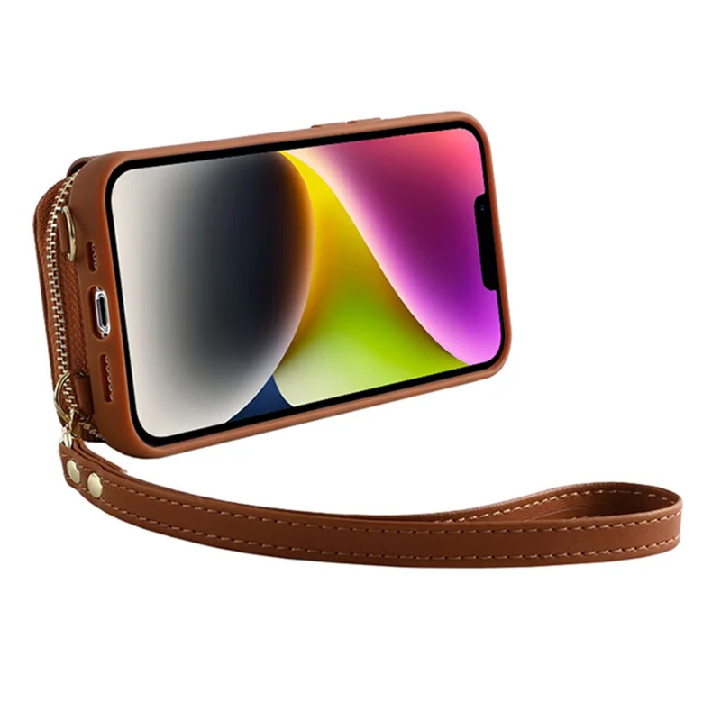 Zipper Wallet RFID Blocking Phone Case for iPhone 15 , PU Leather Coated TPU Kickstand Cover - Brown