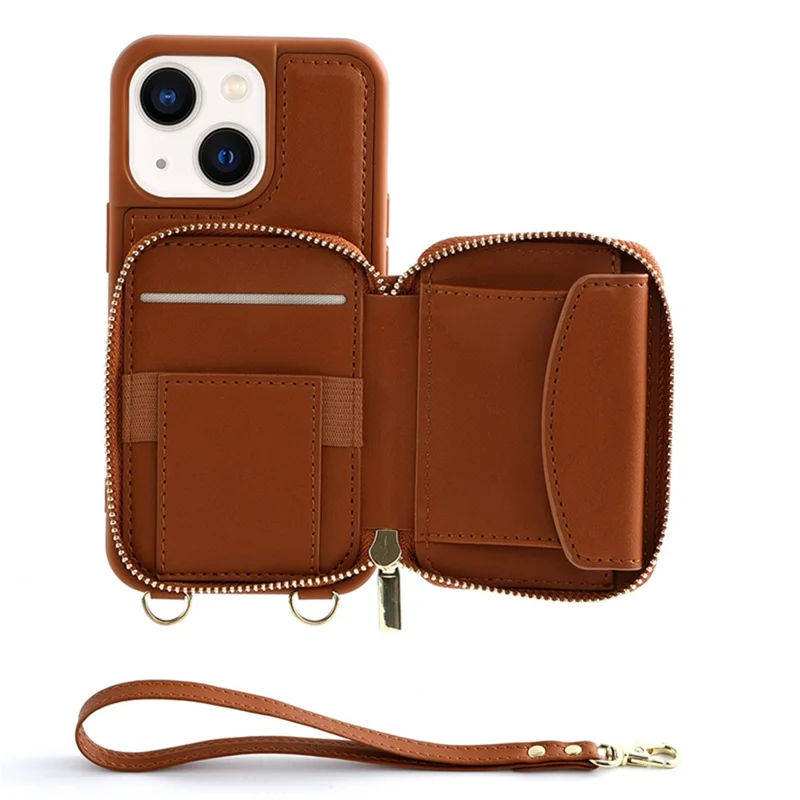 Zipper Wallet RFID Blocking Phone Case for iPhone 15 , PU Leather Coated TPU Kickstand Cover - Brown