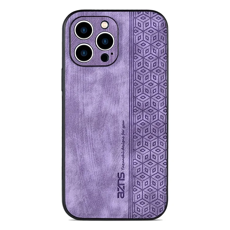 AZNS For iPhone 15 Pro Max Mobile Phone Case PU Leather Coated TPU Imprinted Pattern Protection Cover - Purple