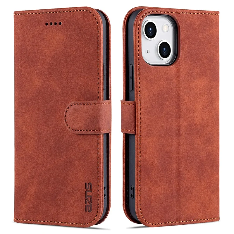 AZNS For iPhone 15 Plus Dustproof Cell Phone Cover Stand Wallet PU Leather Phone Case - Brown