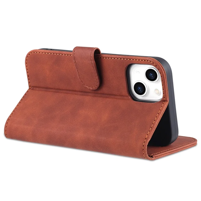 AZNS For iPhone 15 Plus Dustproof Cell Phone Cover Stand Wallet PU Leather Phone Case - Brown