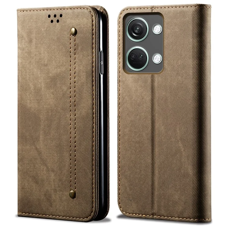 For OnePlus Ace 2V / Nord 3 5G Jeans Cloth Texture Wallet Phone Case PU Leather Stand Cover - Khaki