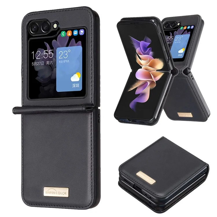 BINFEN COLOR Pour Samsung Galaxy Z Flip5 5G Étui en cuir PU+PC Étui de protection ultra-fin et antichoc - Noir