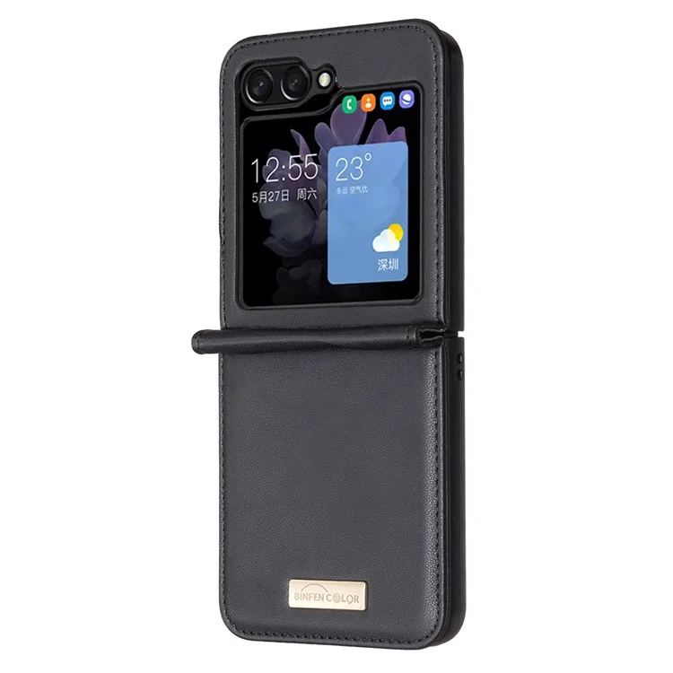 BINFEN COLOR Pour Samsung Galaxy Z Flip5 5G Étui en cuir PU+PC Étui de protection ultra-fin et antichoc - Noir
