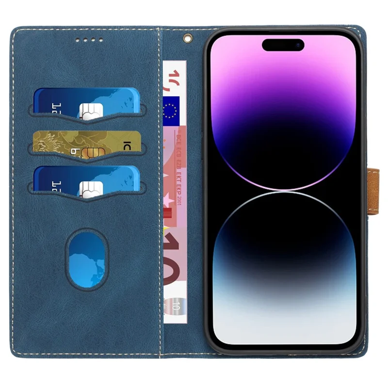 Wallet Leather Case for iPhone 15 Pro , Stand Grid Splicing Protective Phone Cover with Strap - Blue