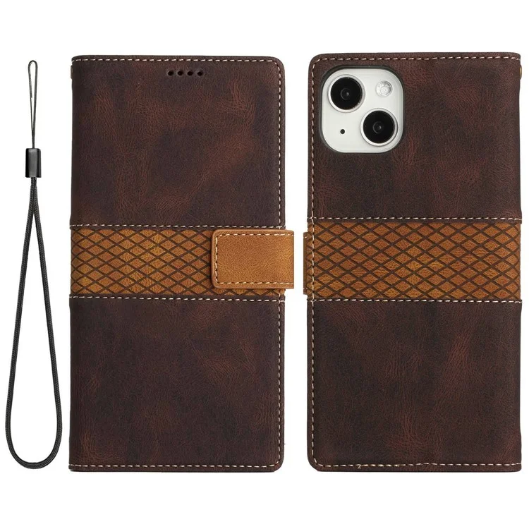Grid Splicing Phone Leather Case für iPhone 15 Plus, Geldbörse Ständer Handyhülle mit Gurt - Braun