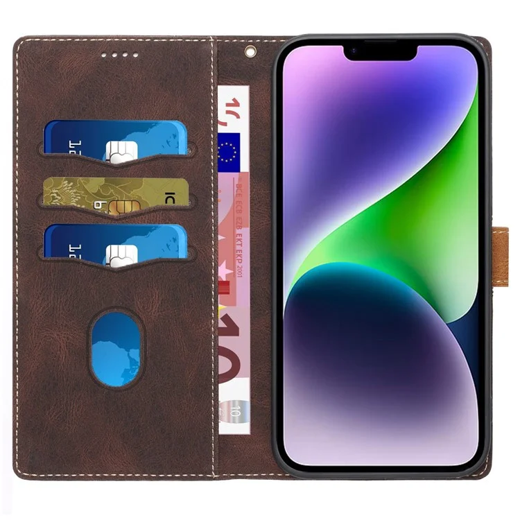 Grid Splicing Phone Leather Case für iPhone 15 Plus, Geldbörse Ständer Handyhülle mit Gurt - Braun