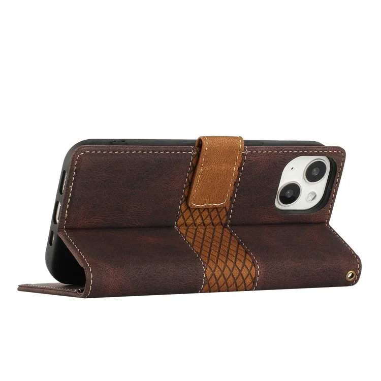 Grid Splicing Phone Leather Case für iPhone 15 Plus, Geldbörse Ständer Handyhülle mit Gurt - Braun