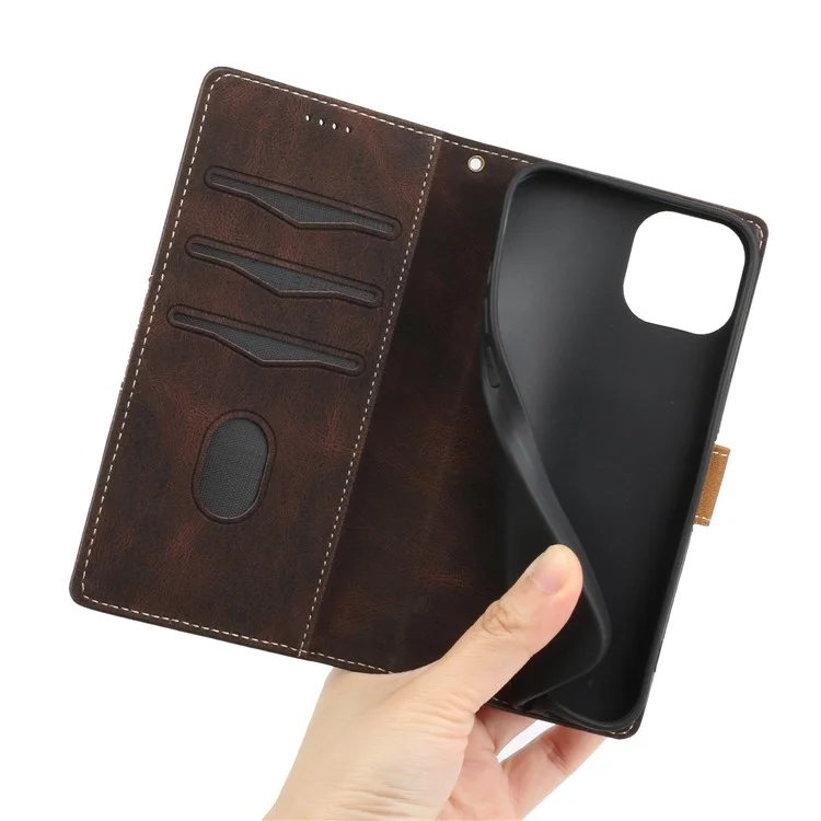 Grid Splicing Phone Leather Case für iPhone 15 Plus, Geldbörse Ständer Handyhülle mit Gurt - Braun