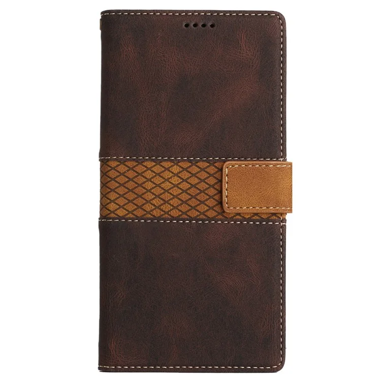 Grid Splicing Phone Leather Case für iPhone 15 Plus, Geldbörse Ständer Handyhülle mit Gurt - Braun