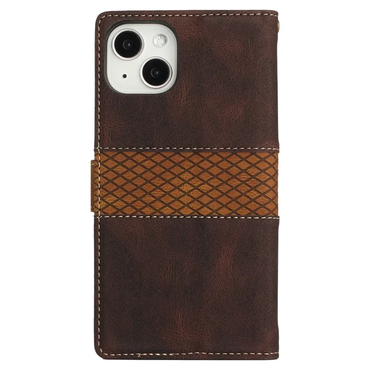 Grid Splicing Phone Leather Case für iPhone 15 Plus, Geldbörse Ständer Handyhülle mit Gurt - Braun