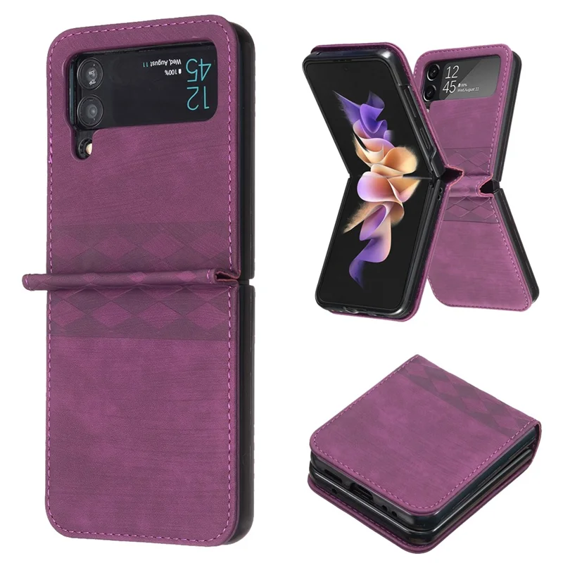 For Samsung Galaxy Z Flip4 5G Shockproof Phone Case PU Leather + PC Grid Pattern Imprinted Cover - Dark Purple