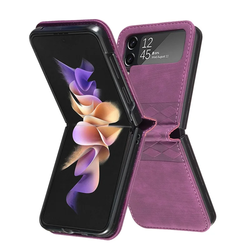 For Samsung Galaxy Z Flip4 5G Shockproof Phone Case PU Leather + PC Grid Pattern Imprinted Cover - Dark Purple