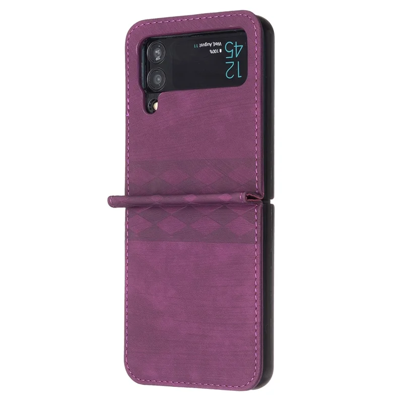 For Samsung Galaxy Z Flip4 5G Shockproof Phone Case PU Leather + PC Grid Pattern Imprinted Cover - Dark Purple
