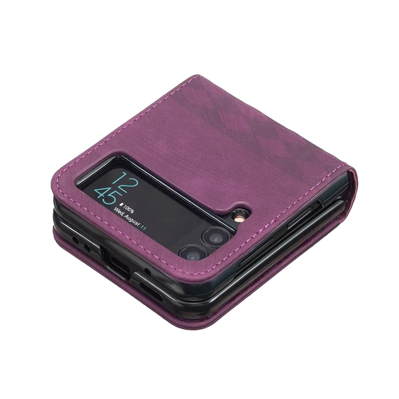 For Samsung Galaxy Z Flip4 5G Shockproof Phone Case PU Leather + PC Grid Pattern Imprinted Cover - Dark Purple