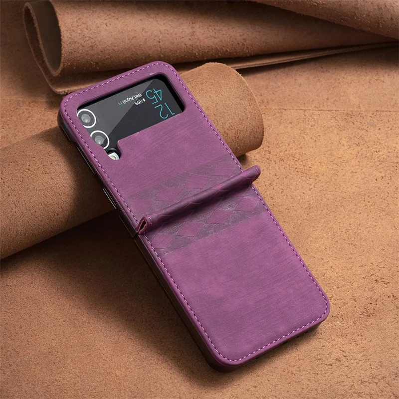 For Samsung Galaxy Z Flip4 5G Shockproof Phone Case PU Leather + PC Grid Pattern Imprinted Cover - Dark Purple