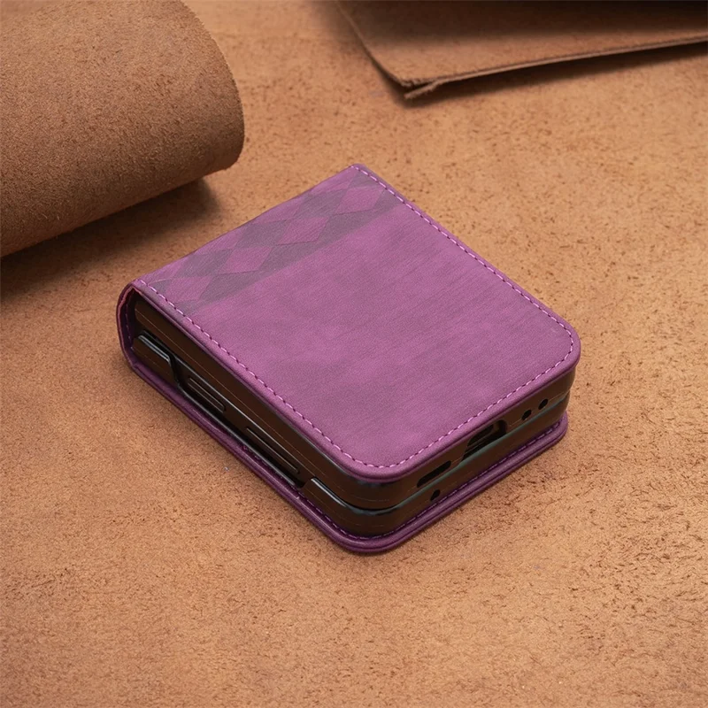 For Samsung Galaxy Z Flip4 5G Shockproof Phone Case PU Leather + PC Grid Pattern Imprinted Cover - Dark Purple