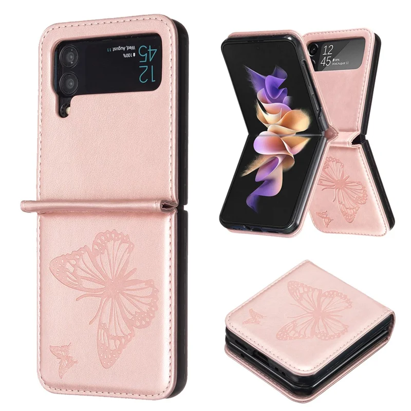 For Samsung Galaxy Z Flip4 5G Imprinted Butterfly Phone Case PU Leather + PC Slim Fit Cover - Rose Gold